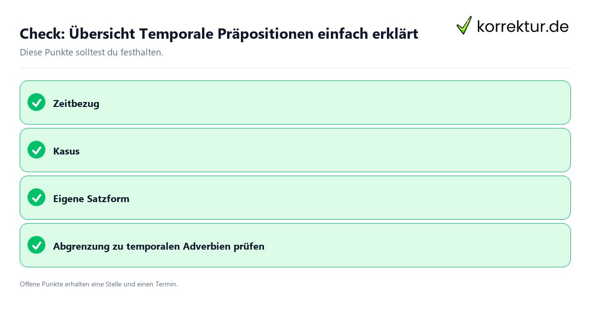 Übersicht Temporale Präpositionen einfach erklärt mit Checkliste für Unterlagen und nächste Schritte