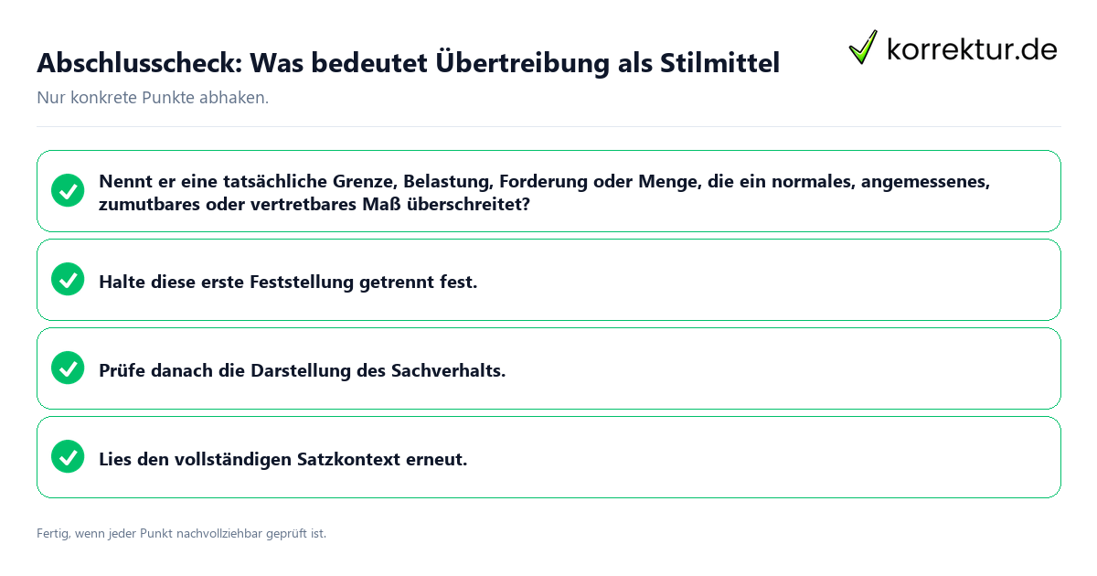 Konkreter Abschlusscheck zu Was bedeutet Übertreibung als Stilmittel
