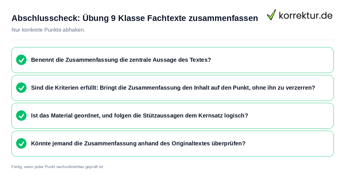 Abschlusscheck: Übung 9 Klasse Fachtexte zusammenfassen Konkreter Abschlusscheck zu Übung 9 Klasse Fachtexte zusammenfassen