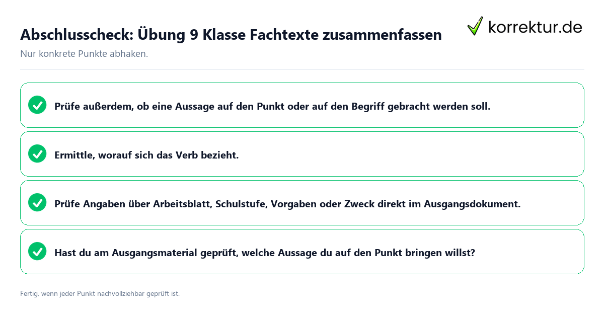 Konkreter Abschlusscheck zu Übung 9 Klasse Fachtexte zusammenfassen