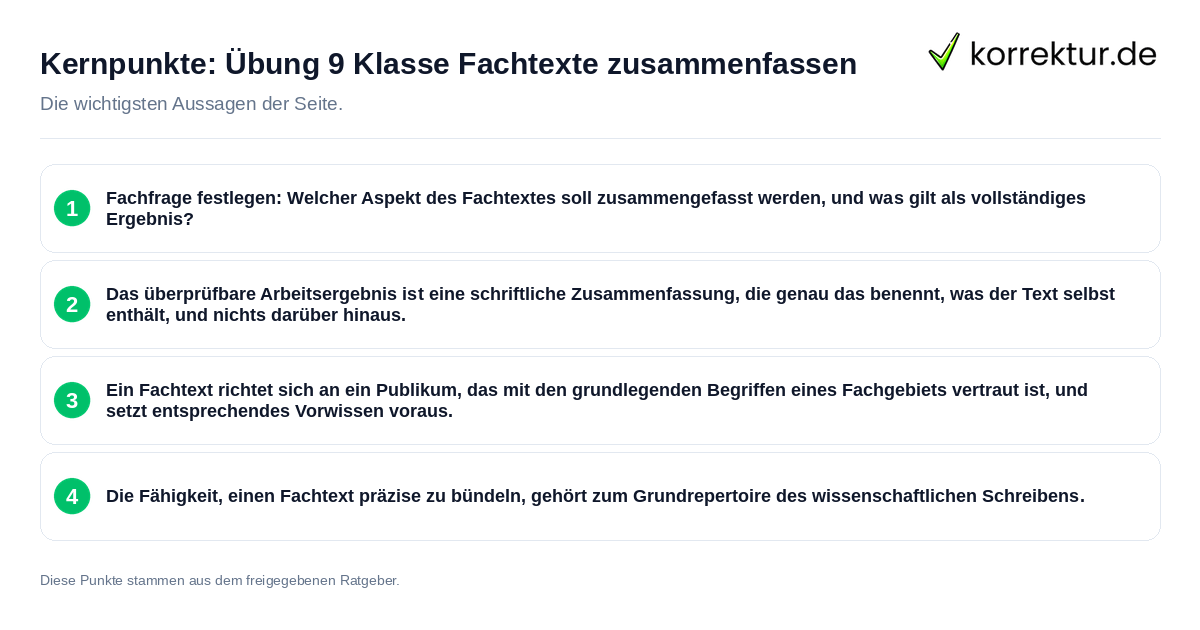 Kernpunkte: Übung 9 Klasse Fachtexte zusammenfassen Konkrete Kernpunkte zu Übung 9 Klasse Fachtexte zusammenfassen