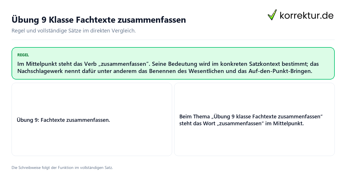 Konkrete Regel und vollständige Beispielsätze zu Übung 9 Klasse Fachtexte zusammenfassen