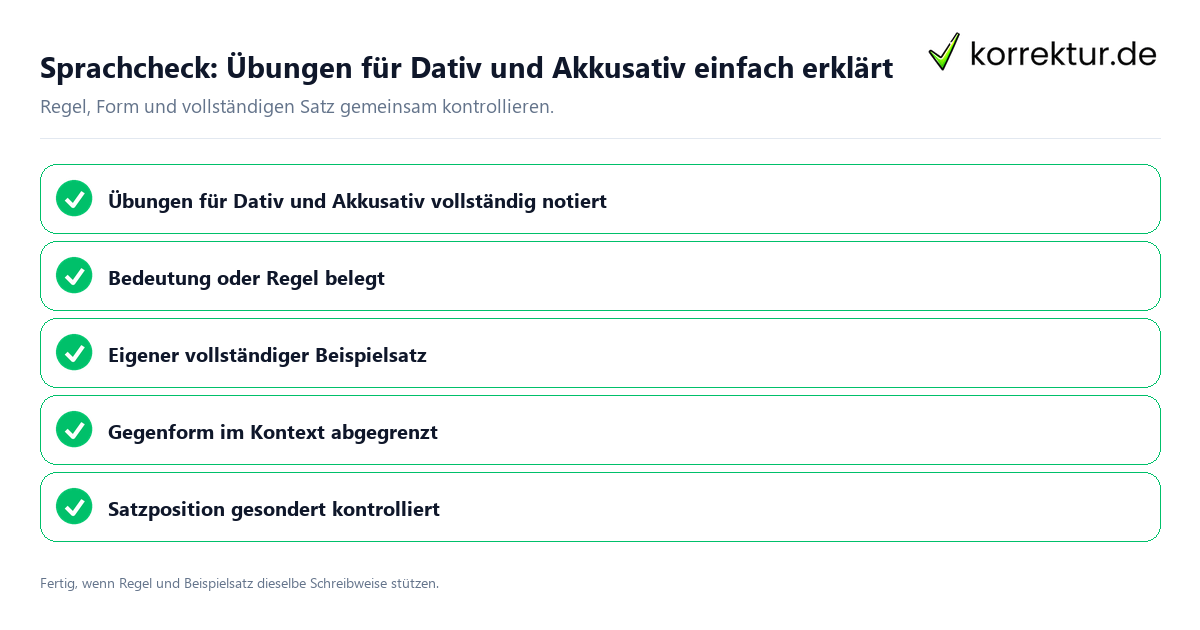 Konkreter Sprachcheck zu Übungen für Dativ und Akkusativ einfach erklärt mit Regel und vollständigem Beispielsatz