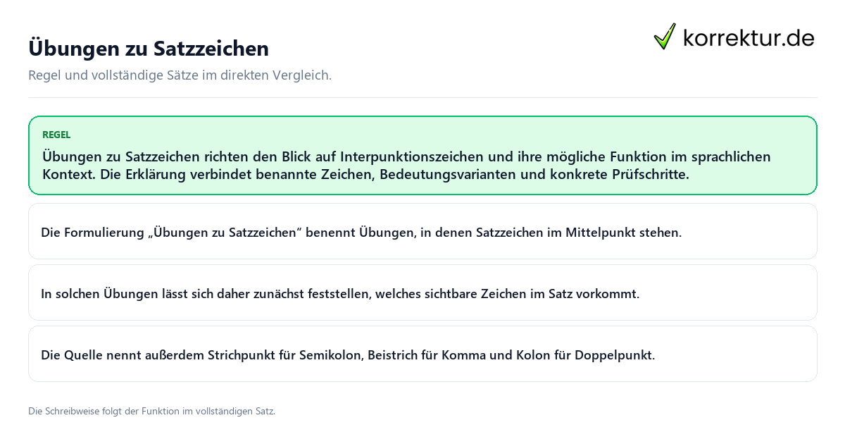 Konkrete Regel und vollständige Beispielsätze zu Übungen zu Satzzeichen