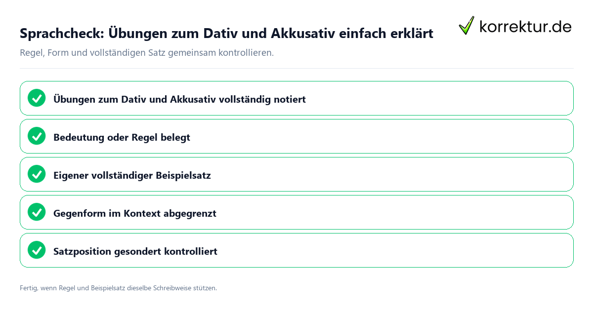 Konkreter Sprachcheck zu Übungen zum Dativ und Akkusativ einfach erklärt mit Regel und vollständigem Beispielsatz
