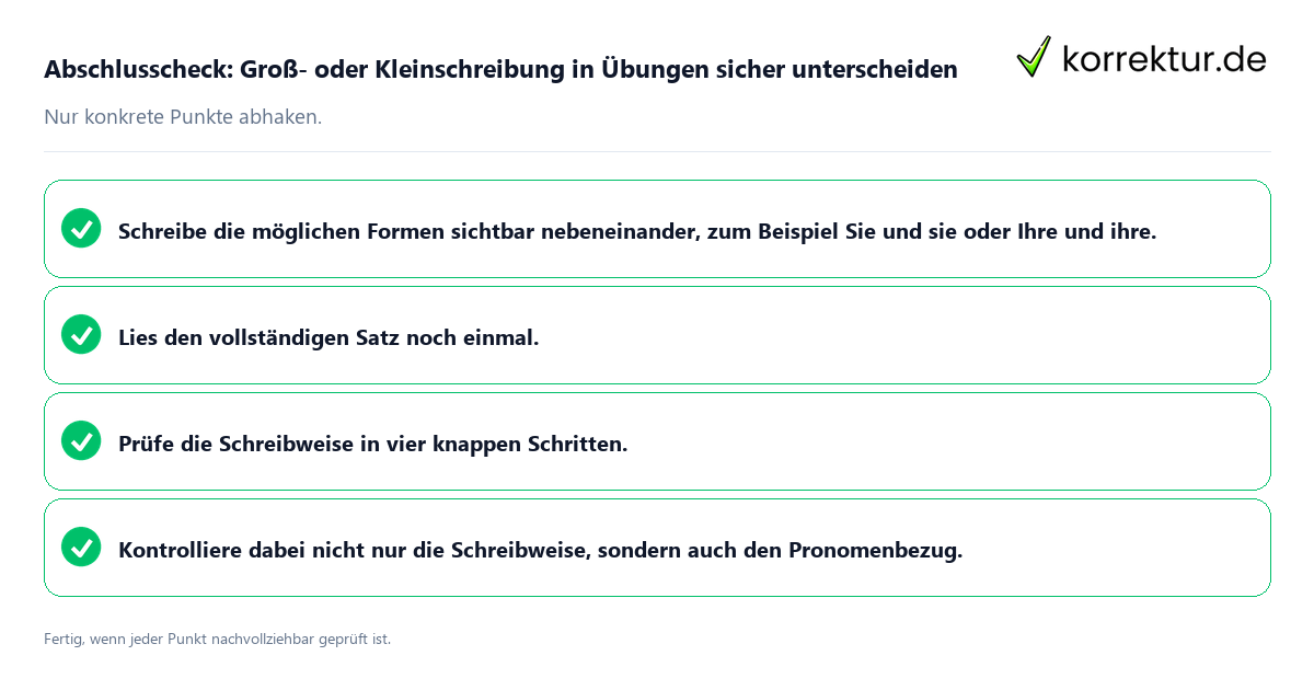 Konkreter Abschlusscheck zu Groß- oder Kleinschreibung in Übungen sicher unterscheiden