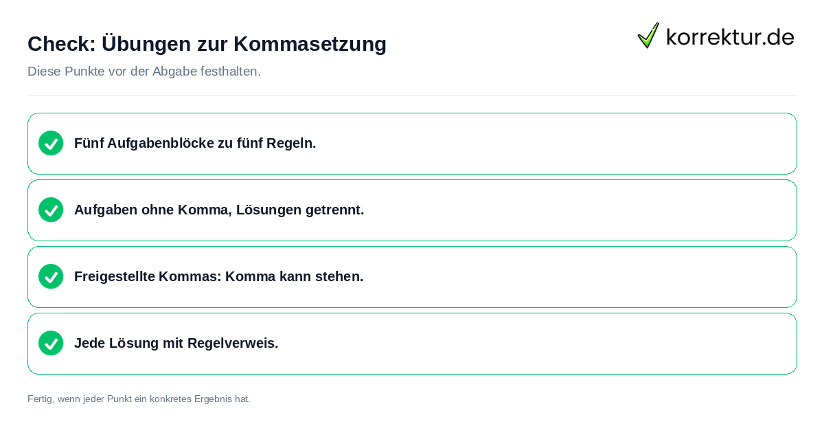 Check: Übungen zur Kommasetzung Übungen zur Kommasetzung: Prüfliste mit vier Punkten