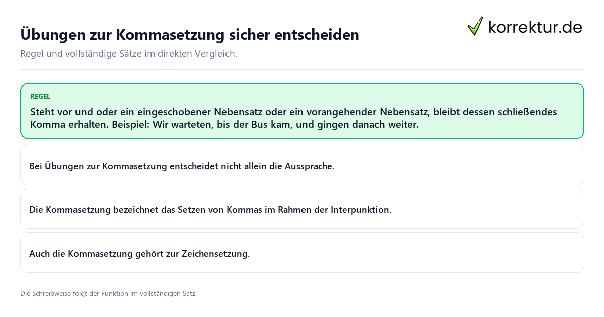 Konkrete Regel und vollständige Beispielsätze zu Übungen zur Kommasetzung sicher entscheiden