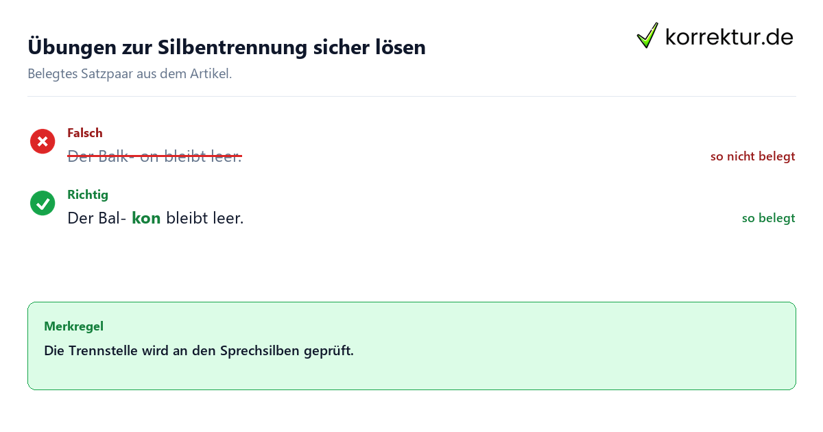 Falsches und richtiges Satzbeispiel zu Übungen zur Silbentrennung sicher lösen