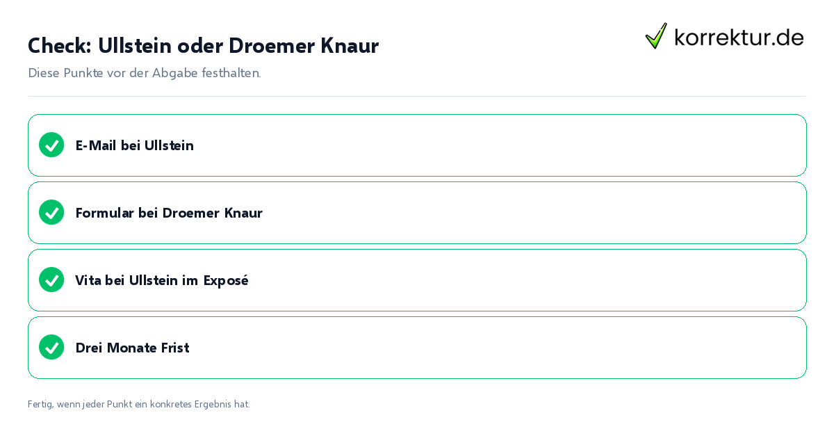 Check: Ullstein oder Droemer Knaur Ullstein oder Droemer Knaur: Prüfliste mit vier Punkten