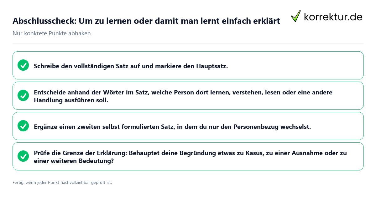 Konkreter Abschlusscheck zu Um zu lernen oder damit man lernt einfach erklärt