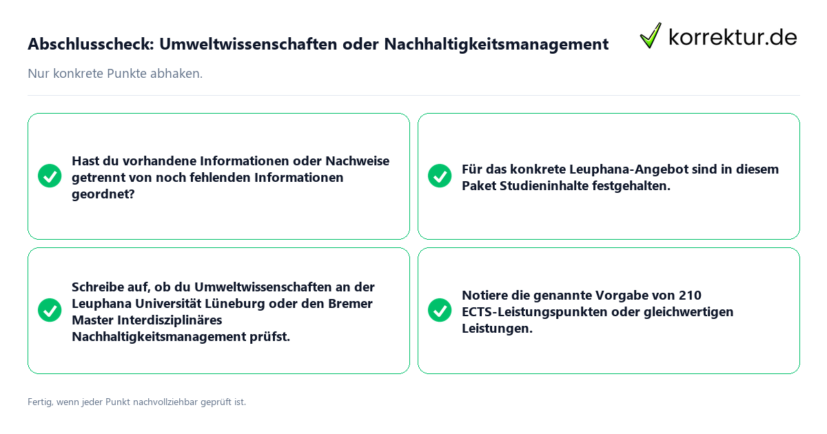 Konkreter Abschlusscheck zu Umweltwissenschaften oder Nachhaltigkeitsmanagement