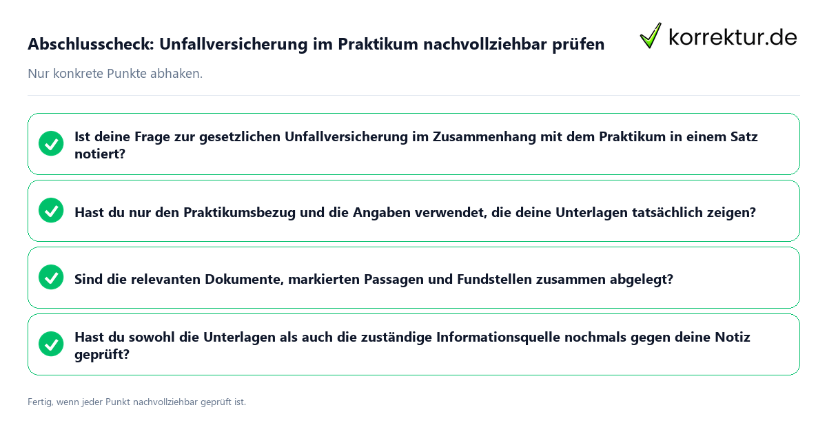 Konkreter Abschlusscheck zu Unfallversicherung im Praktikum nachvollziehbar prüfen