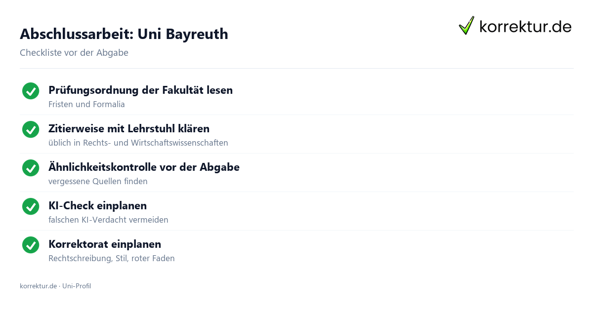 Abschlussarbeit an der Uni Bayreuth, Checkliste zur Abgabe Abschlussarbeit Uni Bayreuth: Formalia, Zitierweise und Ähnlichkeitskontrolle vor der Abgabe