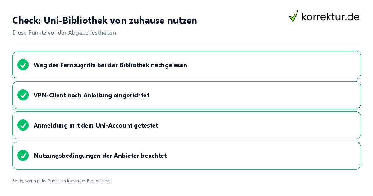 Uni-Bibliothek von zuhause nutzen: Prüfliste mit vier Punkten