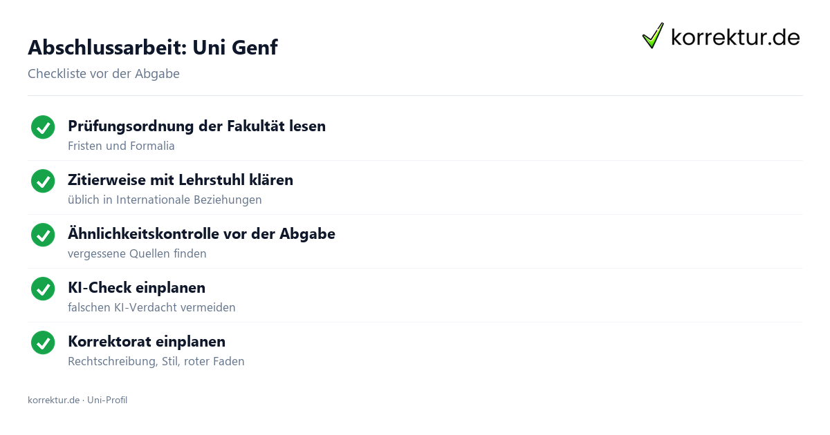Abschlussarbeit an der Uni Genf, Checkliste zur Abgabe Abschlussarbeit Uni Genf: Formalia, Zitierweise und Ähnlichkeitskontrolle vor der Abgabe
