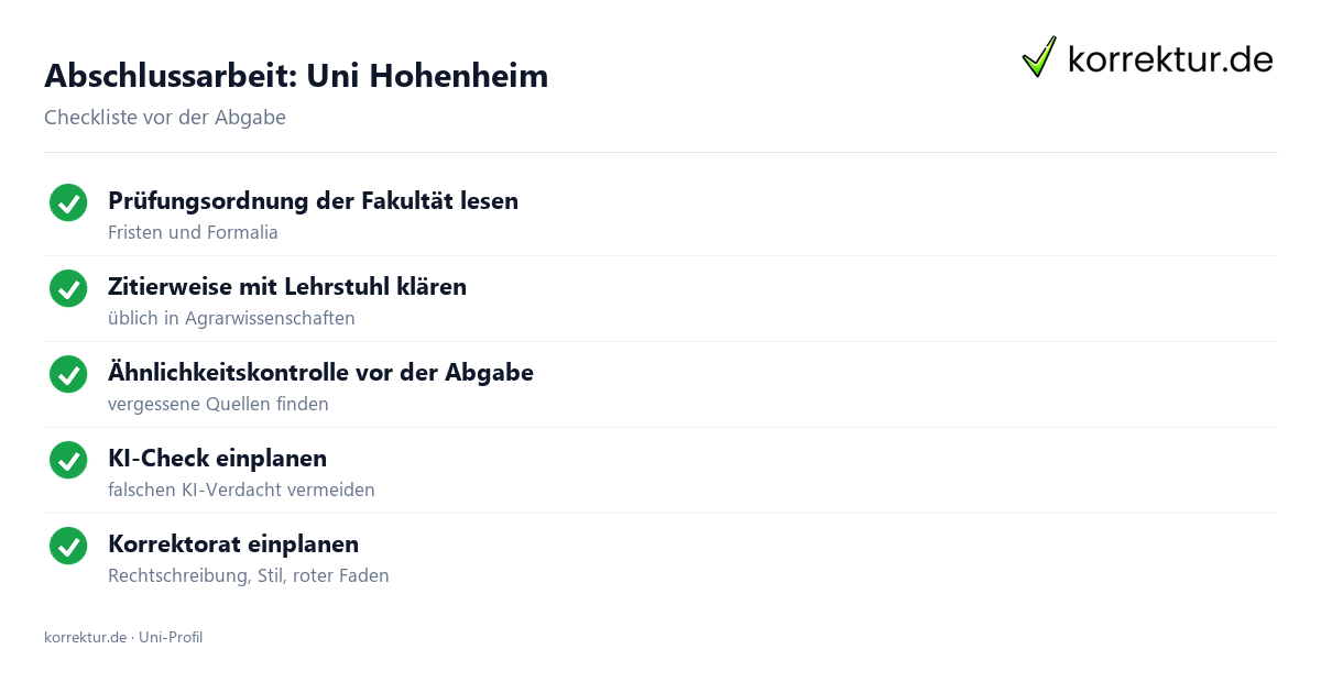 Abschlussarbeit an der Uni Hohenheim, Checkliste zur Abgabe Abschlussarbeit Uni Hohenheim: Formalia, Zitierweise und Ähnlichkeitskontrolle vor der Abgabe