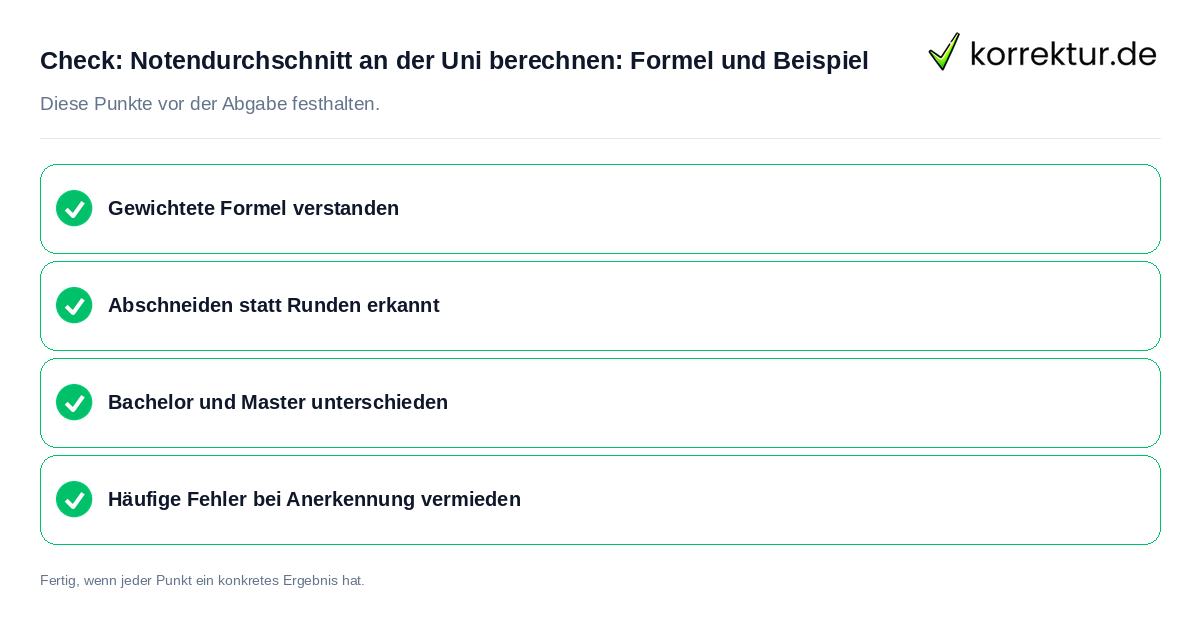 Notendurchschnitt an der Uni berechnen: Formel und Beispiel: Prüfliste mit vier Punkten