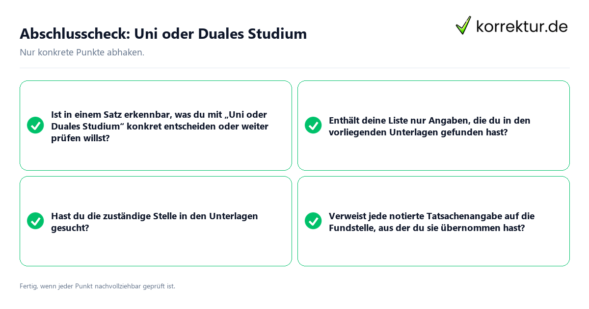 Konkreter Abschlusscheck zu Uni oder Duales Studium