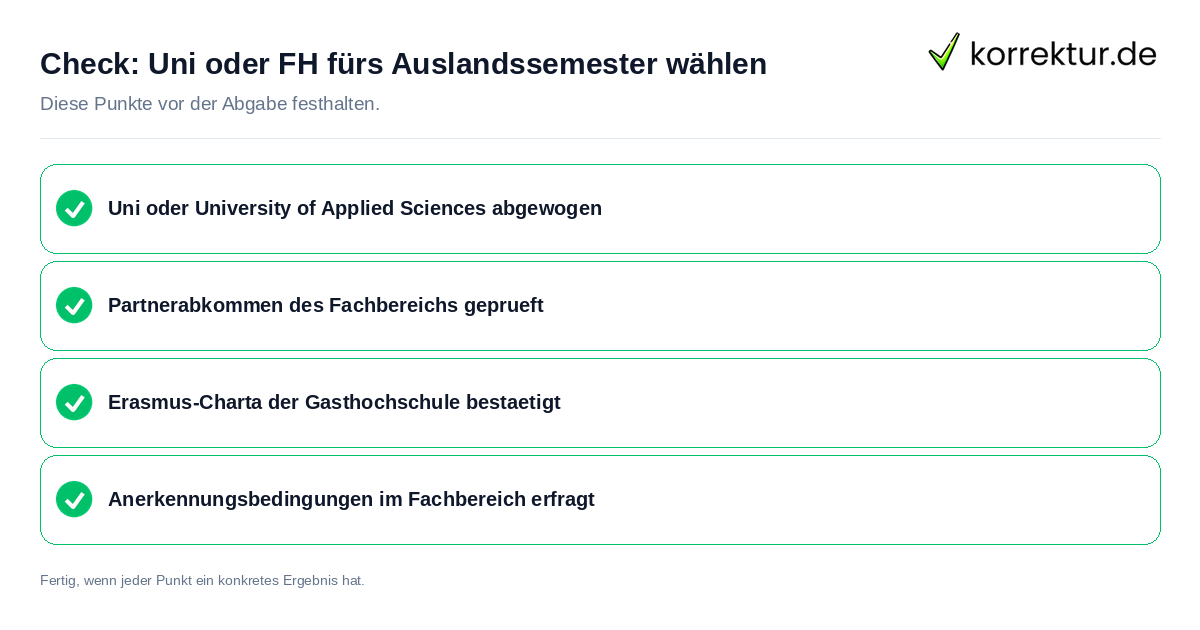 Check: Uni oder FH fürs Auslandssemester wählen Uni oder FH fürs Auslandssemester wählen: Prüfliste mit vier Punkten