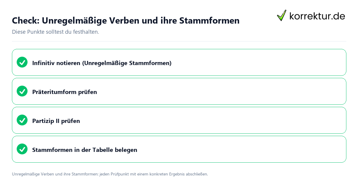 Unregelmäßige Verben und ihre Stammformen mit einer themenspezifischen Checkliste