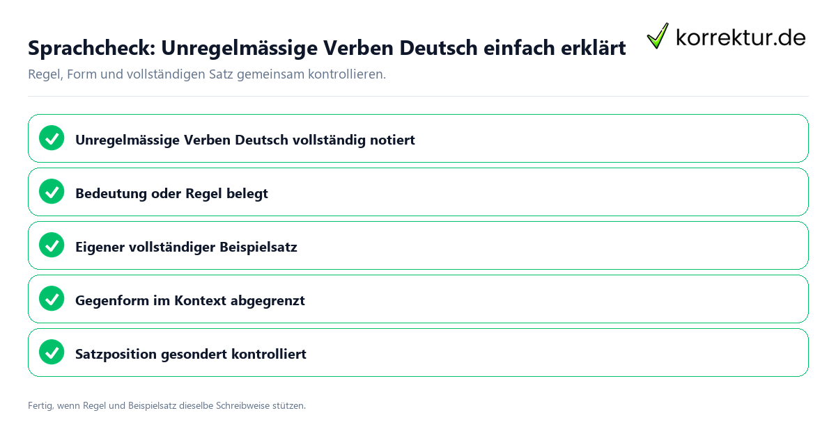 Konkreter Sprachcheck zu Unregelmässige Verben Deutsch einfach erklärt mit Regel und vollständigem Beispielsatz