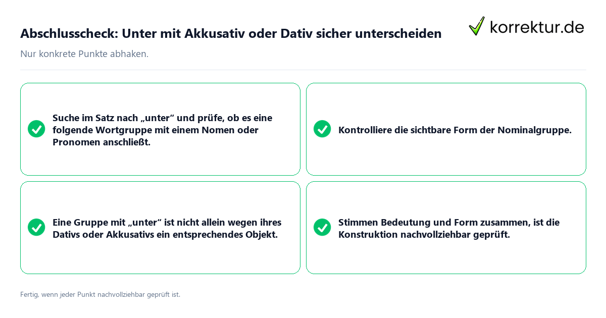 Konkreter Abschlusscheck zu Unter mit Akkusativ oder Dativ sicher unterscheiden