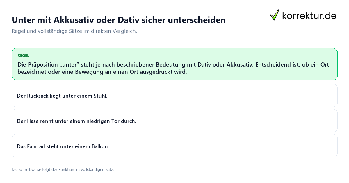 Konkrete Regel und vollständige Beispielsätze zu Unter mit Akkusativ oder Dativ sicher unterscheiden