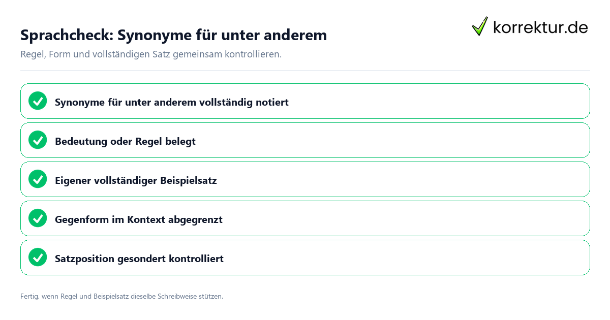 Sprachcheck: Synonyme für unter anderem Konkreter Sprachcheck zu Synonyme für unter anderem mit Regel und vollständigem Beispielsatz