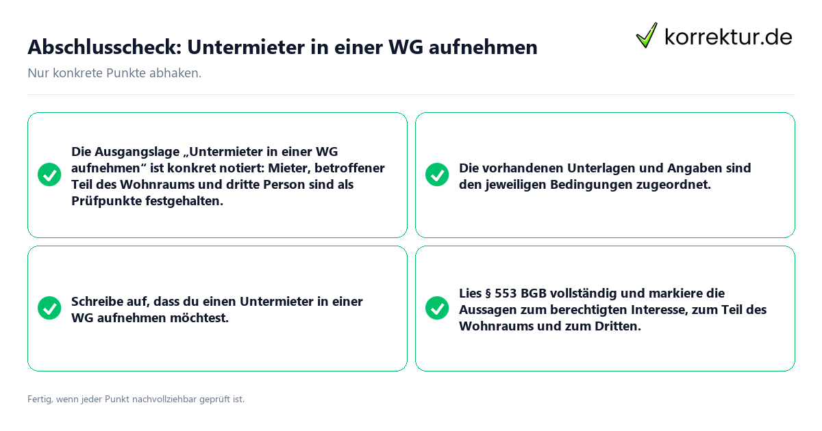 Konkreter Abschlusscheck zu Untermieter in einer WG aufnehmen
