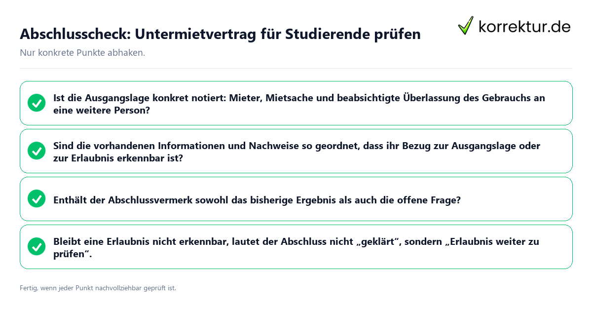 Konkreter Abschlusscheck zu Untermietvertrag für Studierende prüfen