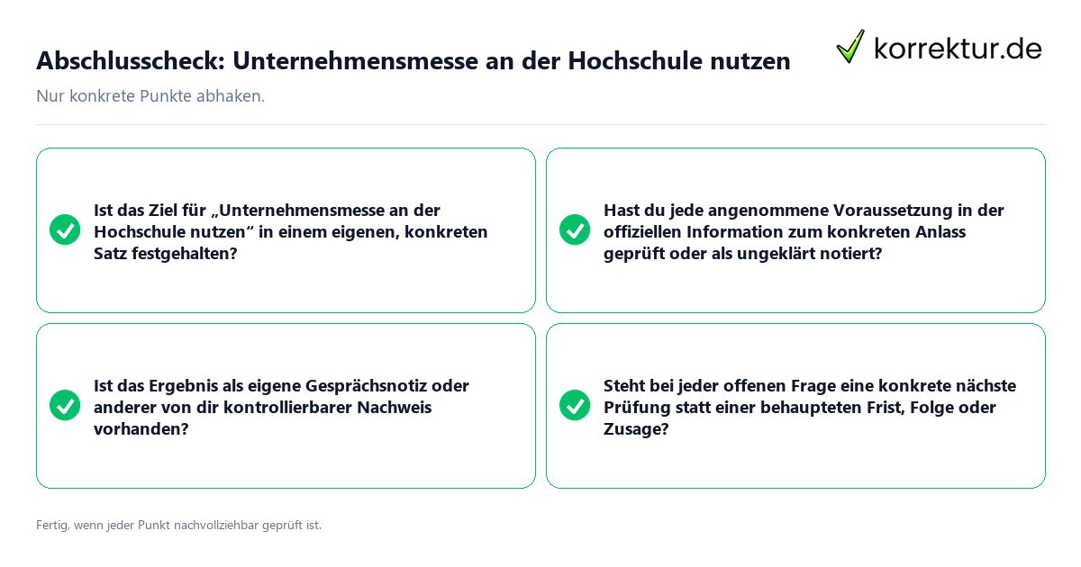 Konkreter Abschlusscheck zu Unternehmensmesse an der Hochschule nutzen