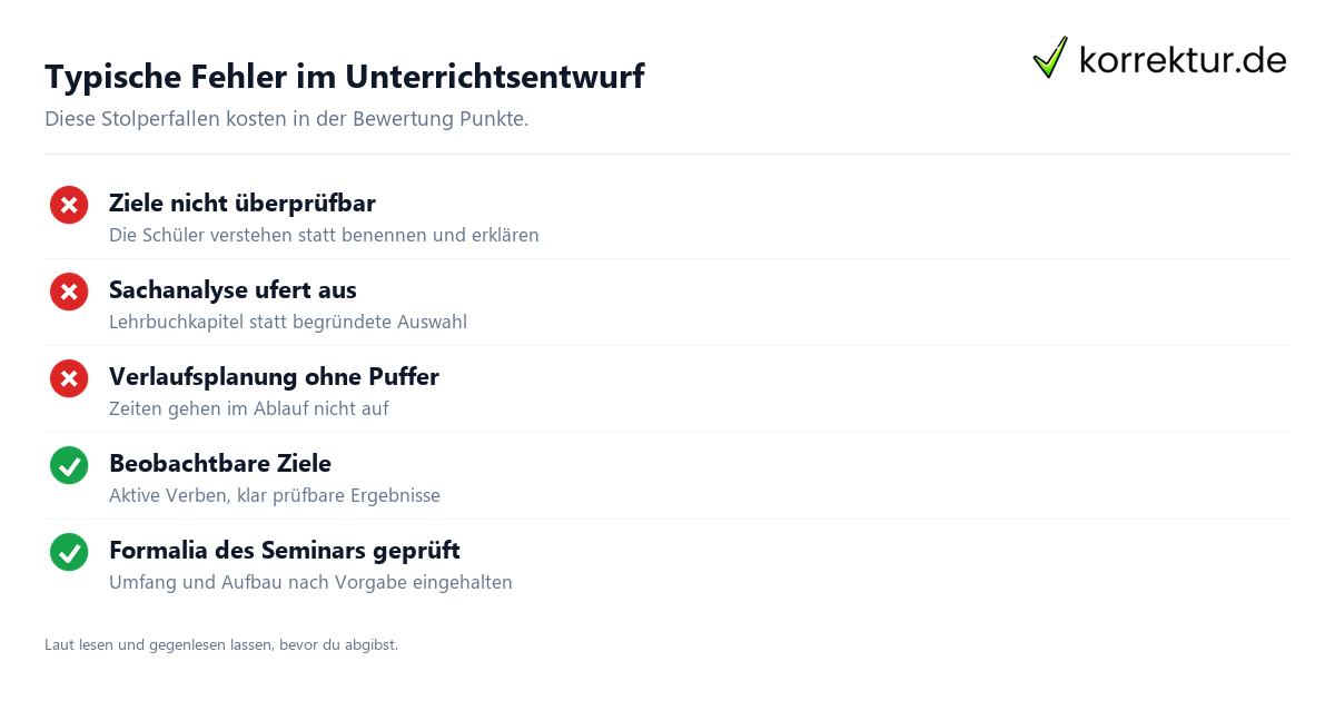Typische Fehler im Unterrichtsentwurf Unterrichtsentwurf typische Fehler und Qualitätskriterien für die Lehrprobe