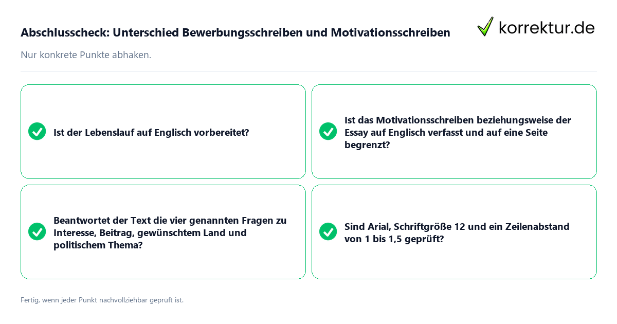 Konkreter Abschlusscheck zu Unterschied Bewerbungsschreiben und Motivationsschreiben