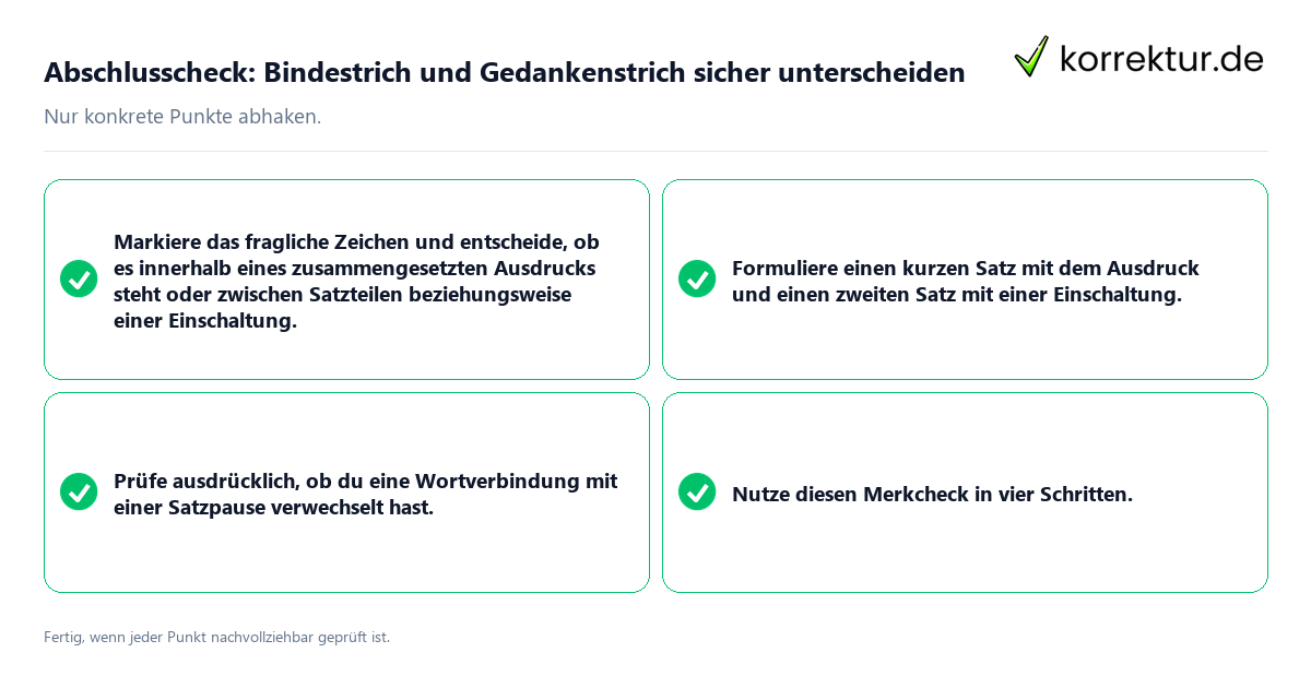 Konkreter Abschlusscheck zu Bindestrich und Gedankenstrich sicher unterscheiden