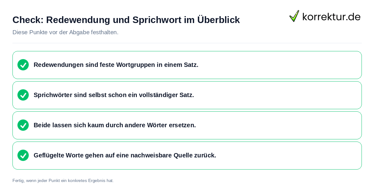 Redewendung und Sprichwort im Überblick: Prüfliste mit vier Punkten