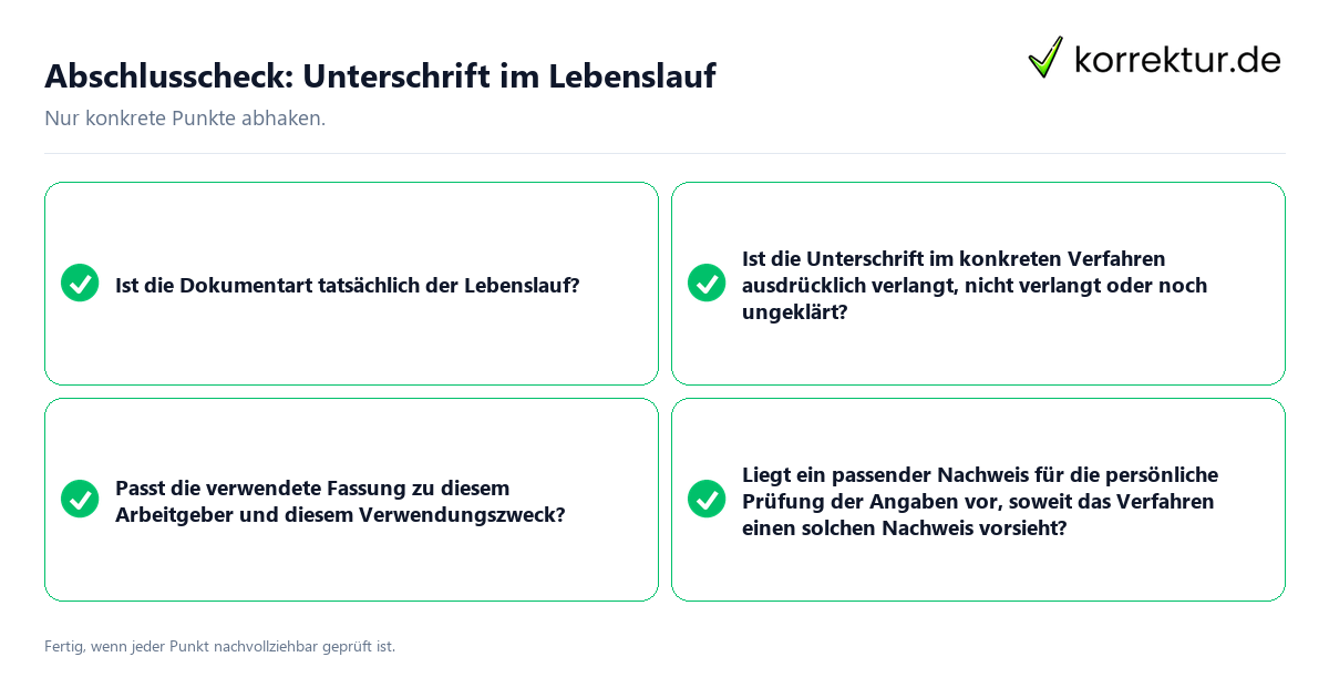 Konkreter Abschlusscheck zu Unterschrift im Lebenslauf