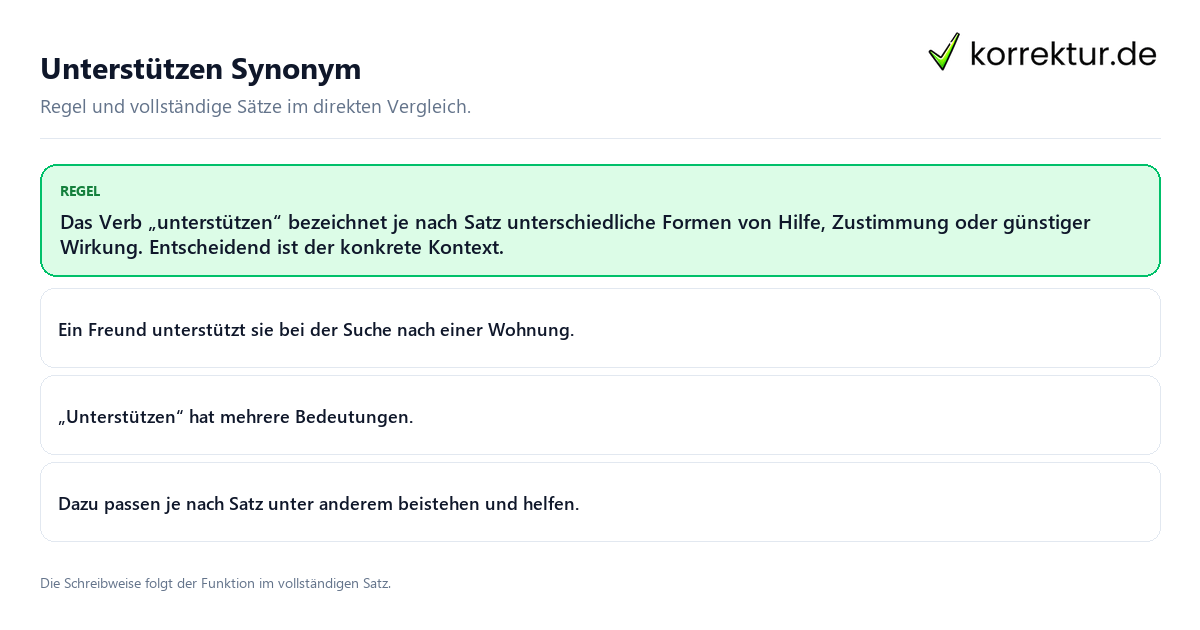 Unterstützen Synonym Konkrete Regel und vollständige Beispielsätze zu Unterstützen Synonym