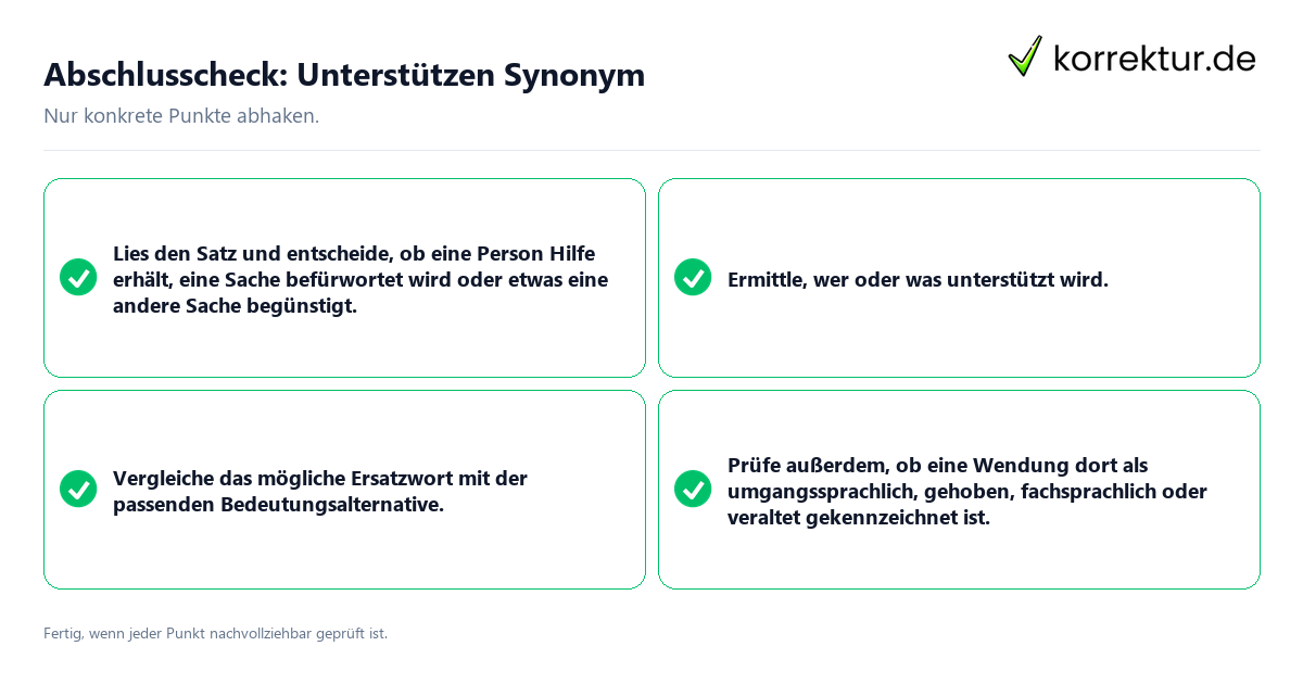 Abschlusscheck: Unterstützen Synonym Konkreter Abschlusscheck zu Unterstützen Synonym