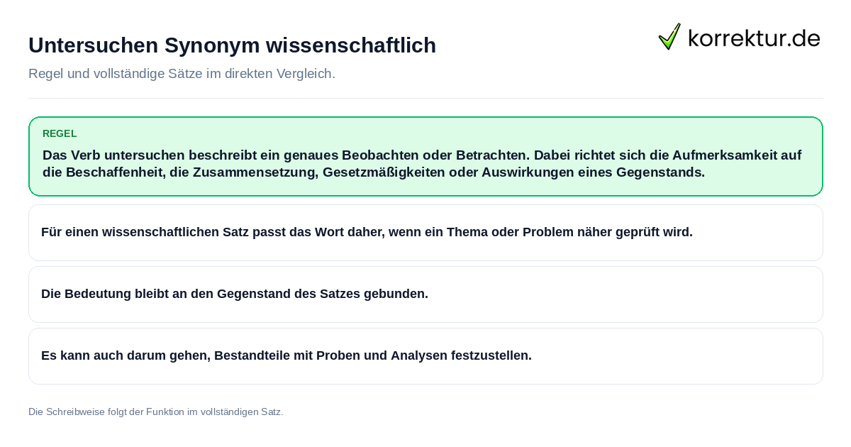 Konkrete Regel und vollständige Beispielsätze zu Untersuchen Synonym wissenschaftlich
