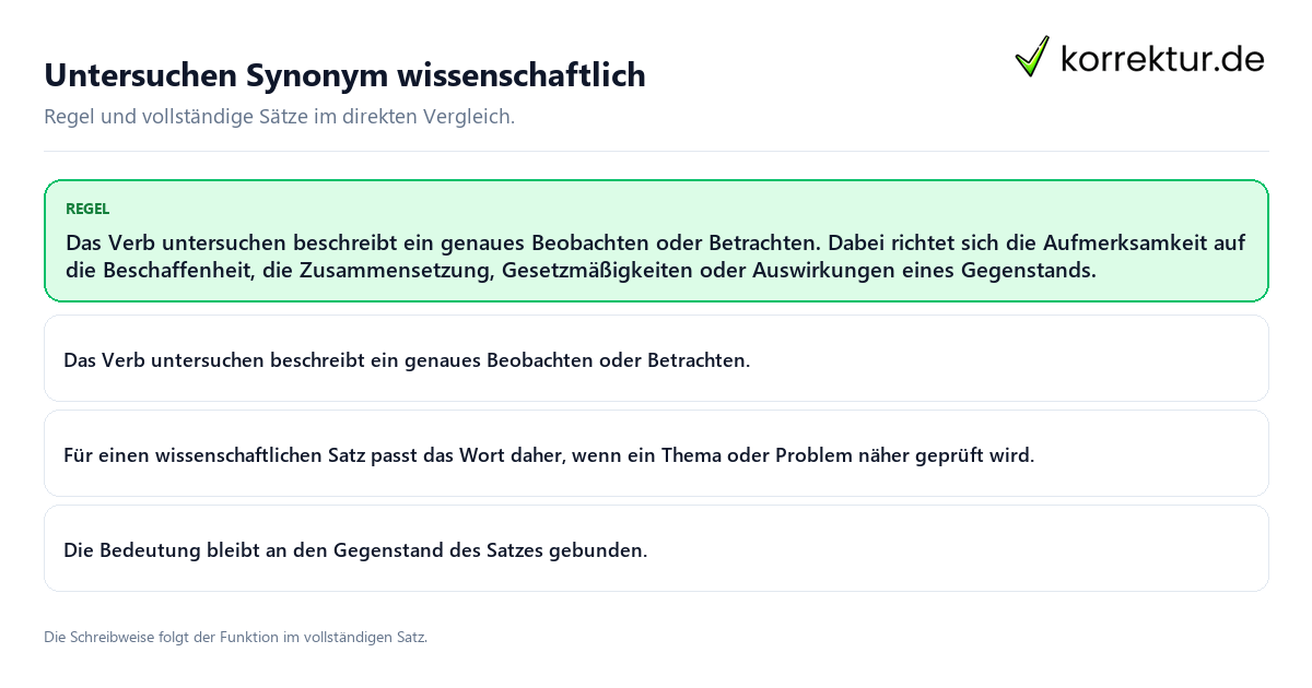 Konkrete Regel und vollständige Beispielsätze zu Untersuchen Synonym wissenschaftlich
