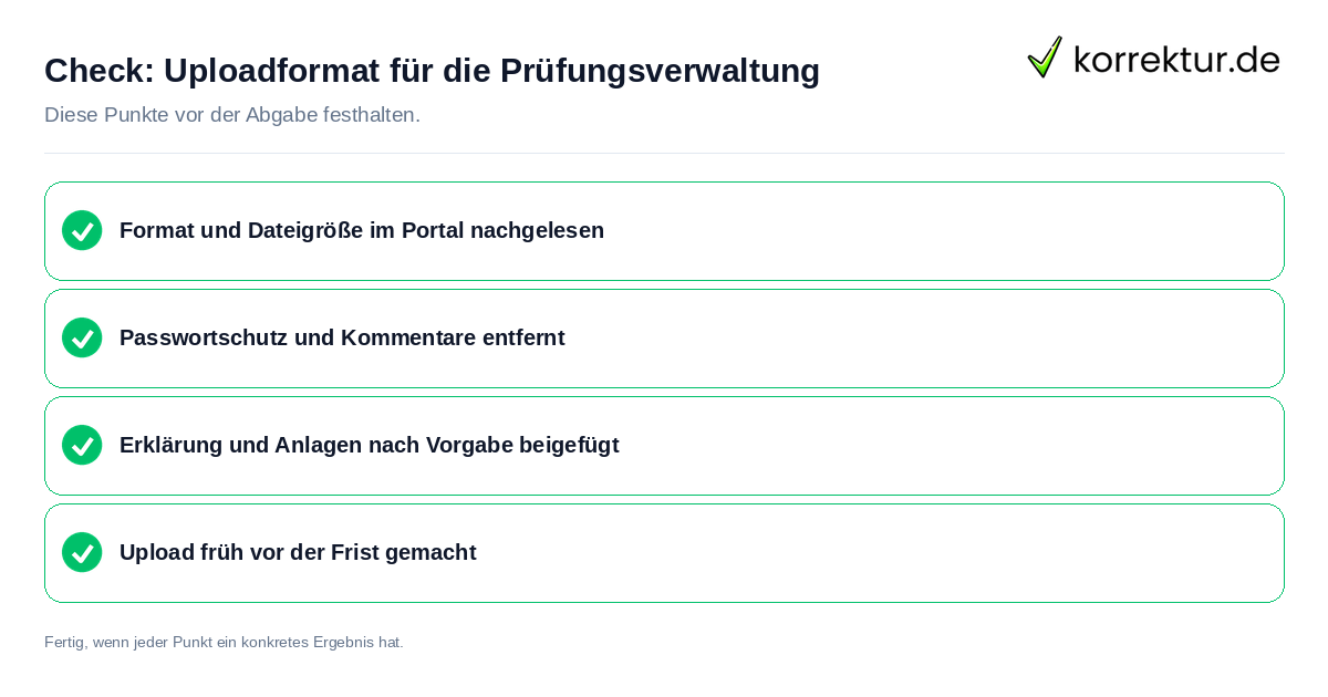 Uploadformat für die Prüfungsverwaltung: Prüfliste mit vier Punkten