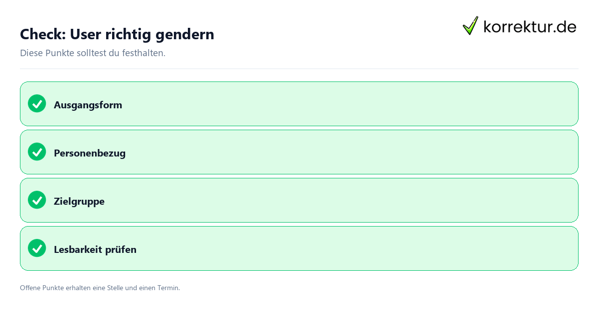 User richtig gendern mit Checkliste für Unterlagen und nächste Schritte