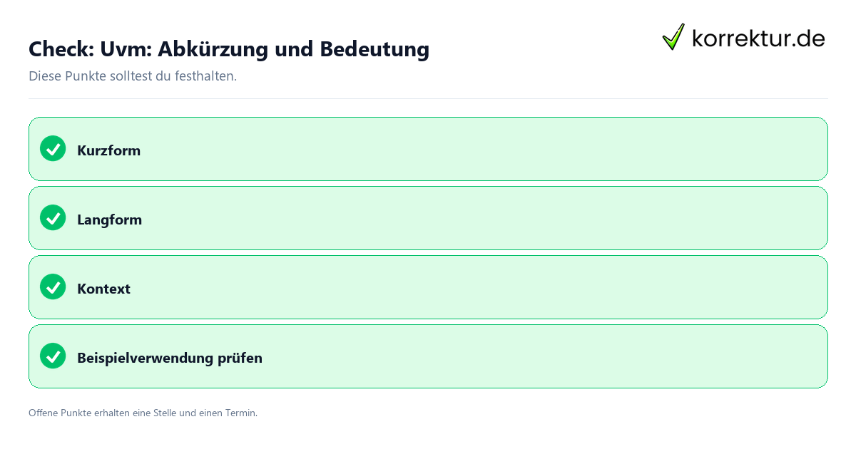 Uvm: Abkürzung und Bedeutung mit Checkliste für Unterlagen und nächste Schritte