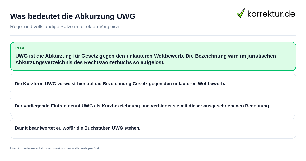Konkrete Regel und vollständige Beispielsätze zu Was bedeutet die Abkürzung UWG