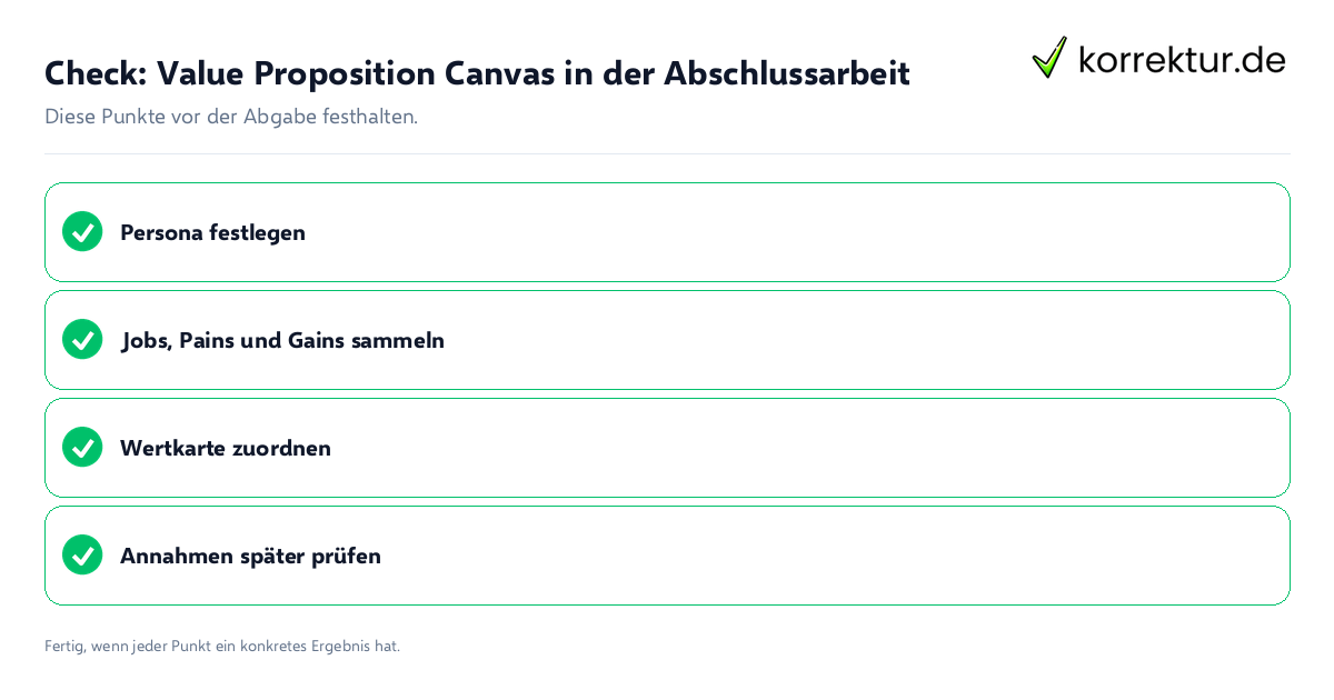 Check: Value Proposition Canvas in der Abschlussarbeit Value Proposition Canvas in der Abschlussarbeit: Prüfliste mit vier Punkten
