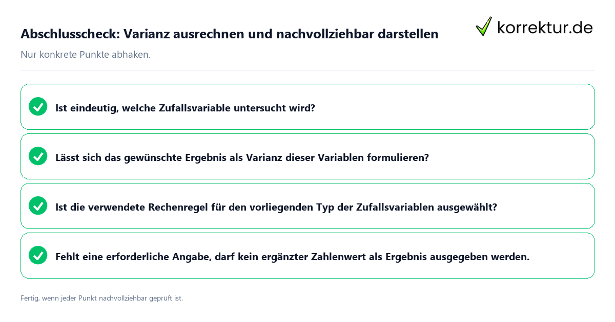 Konkreter Abschlusscheck zu Varianz ausrechnen und nachvollziehbar darstellen