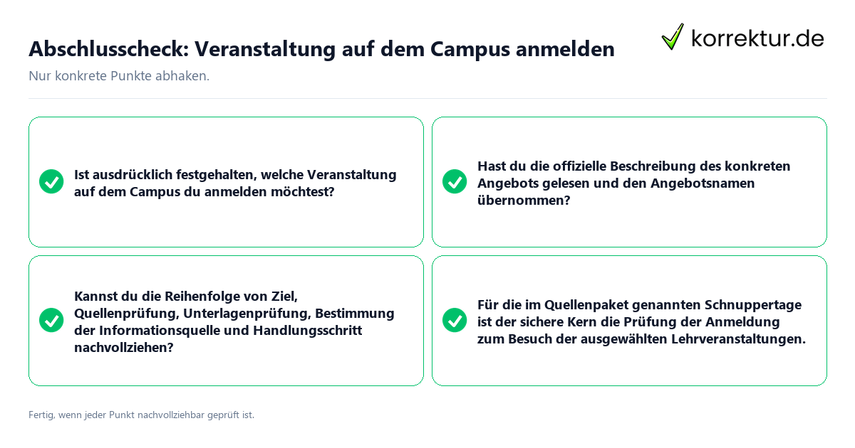 Abschlusscheck: Veranstaltung auf dem Campus anmelden Konkreter Abschlusscheck zu Veranstaltung auf dem Campus anmelden