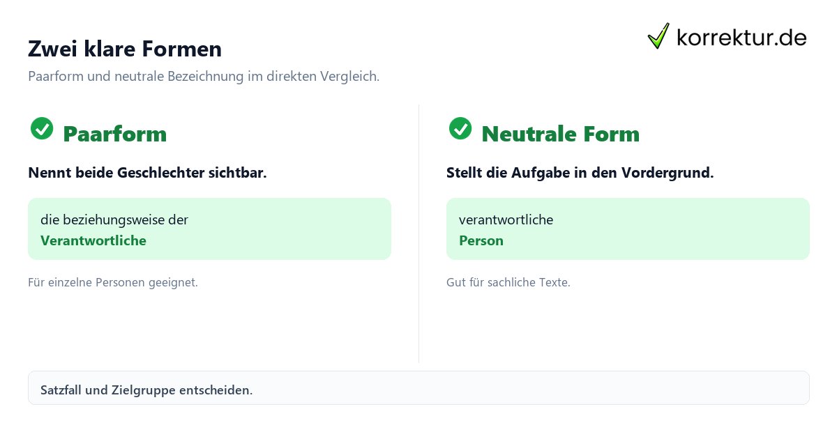 Zwei klare Formen Verantwortliche richtig gendern: Formen im Überblick, Paarform und neutrale Form