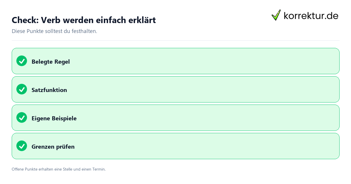 Verb werden einfach erklärt mit Checkliste für Unterlagen und nächste Schritte